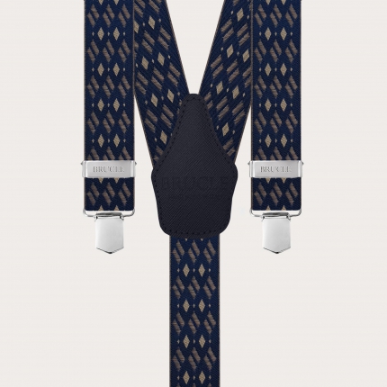 Wide elastic blue and beige diamond-pattern suspenders with clips