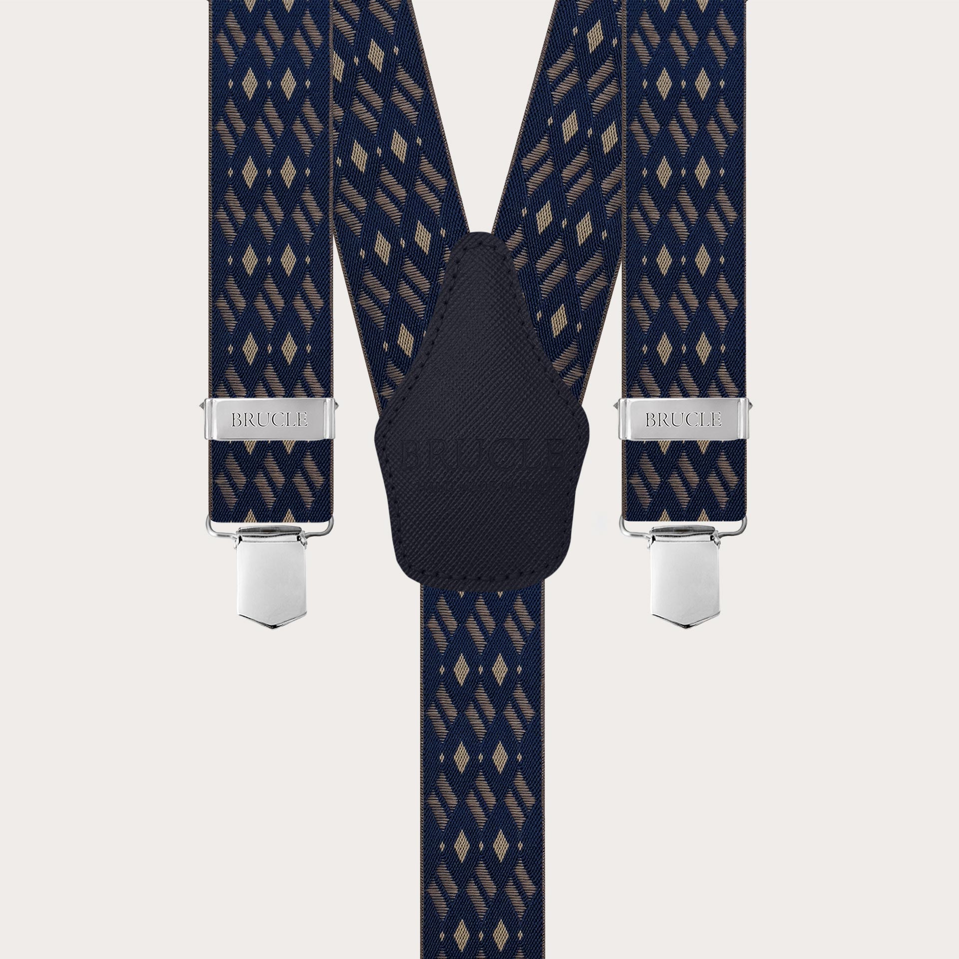 Wide elastic blue and beige diamond-pattern suspenders with clips