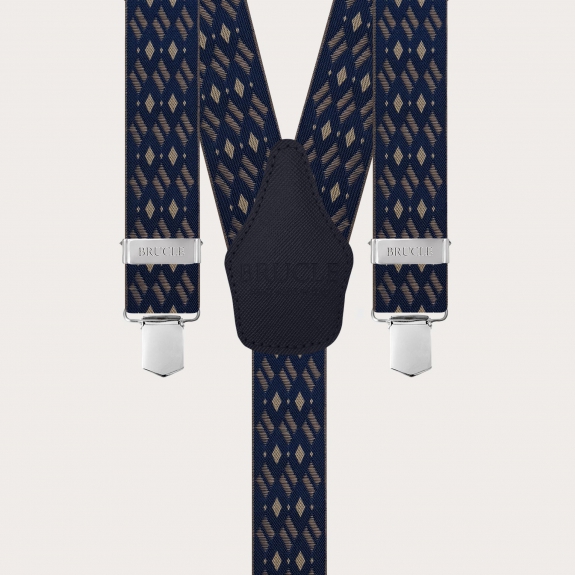 Wide elastic blue and beige diamond-pattern suspenders with clips