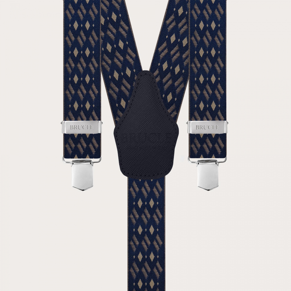 Wide elastic blue and beige diamond-pattern suspenders with clips