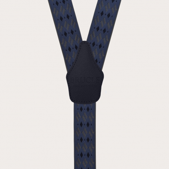 Wide suspenders with blue and grey diamonds