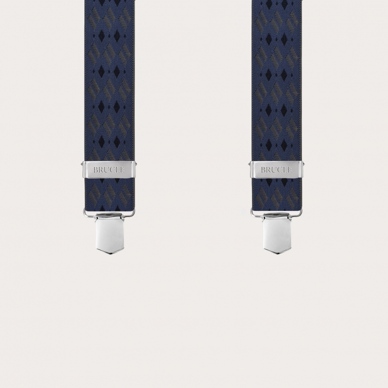 Breite Hosenträger mit blauen und grauen Rautentenmuster und Clips