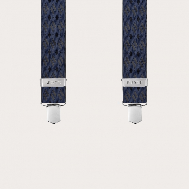 Wide suspenders with blue and grey diamonds
