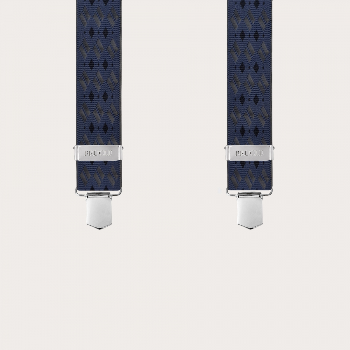 Wide suspenders with blue and grey diamonds