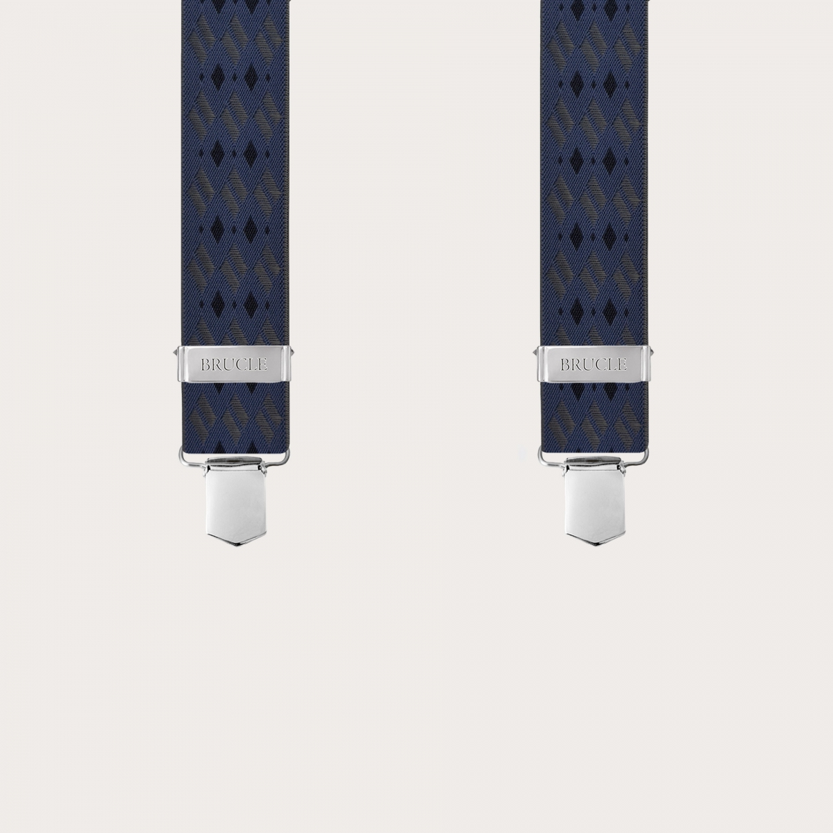 Wide suspenders with blue and grey diamonds