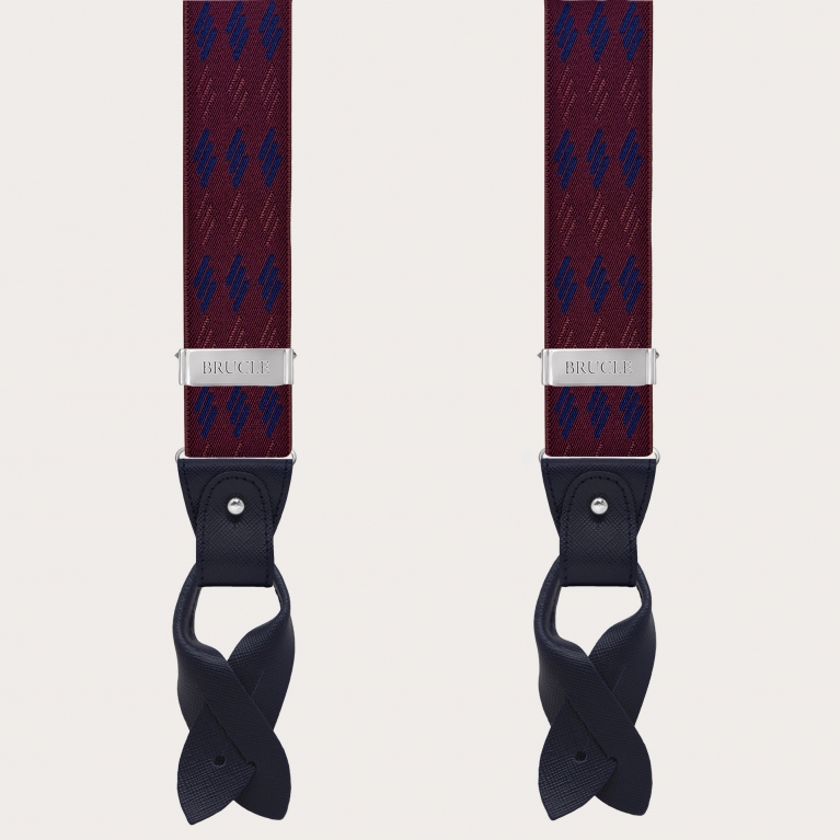 Elastic suspenders with a geometric pattern, burgundy and blue, dual-use