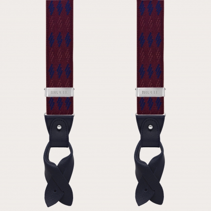 Bretelles élastiques avec un motif géométrique, bordeaux et bleu, à double usage