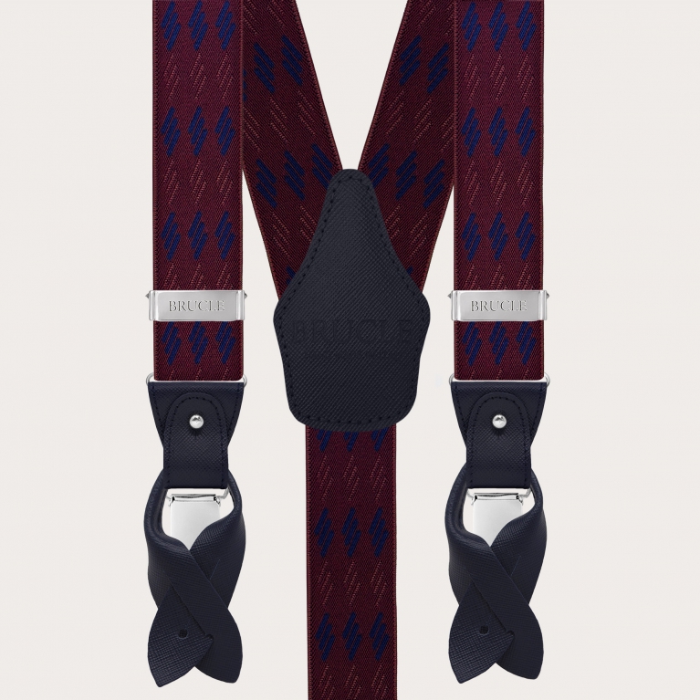 Bretelle elastiche fantasia con righe, bordeaux e blu, doppio uso
