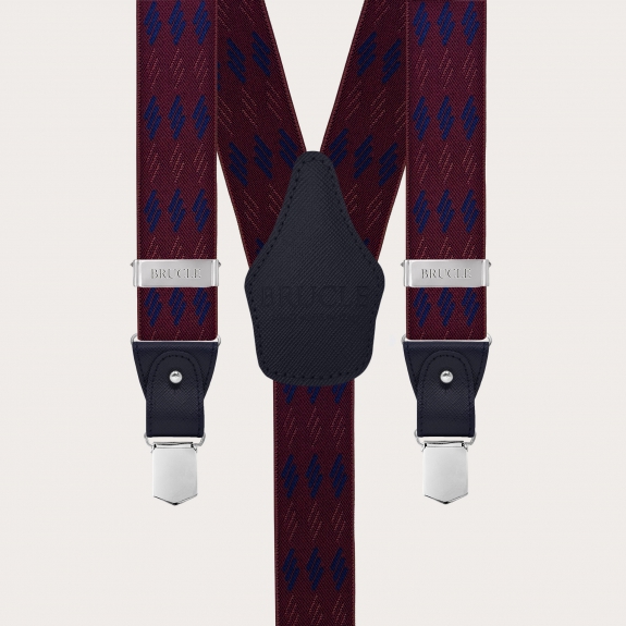 Elastic suspenders with a geometric pattern, burgundy and blue, dual-use