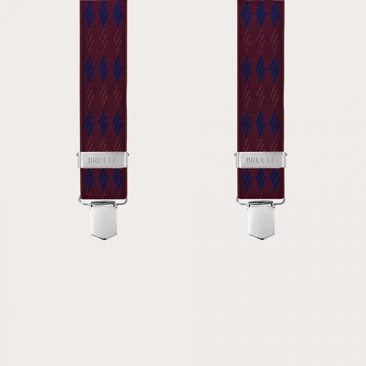 Wide unisex suspenders with burgundy and blue striped pattern