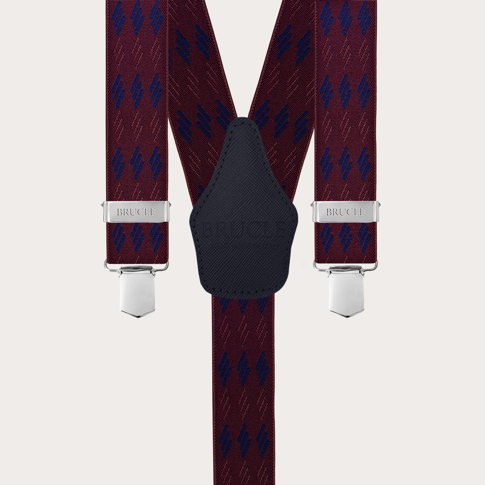 Wide unisex suspenders with burgundy and blue striped pattern