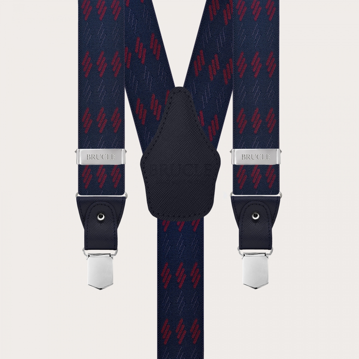 Men's blue suspenders with burgundy stripes for buttons or nickel-free clips