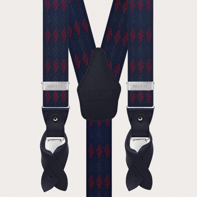 Men's blue suspenders with burgundy stripes for buttons or nickel-free clips