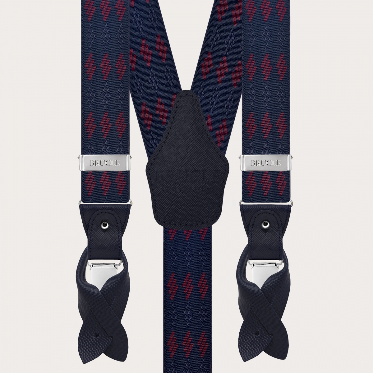 Bretelle uomo blu a righe bordeaux per bottoni o clip nichel free