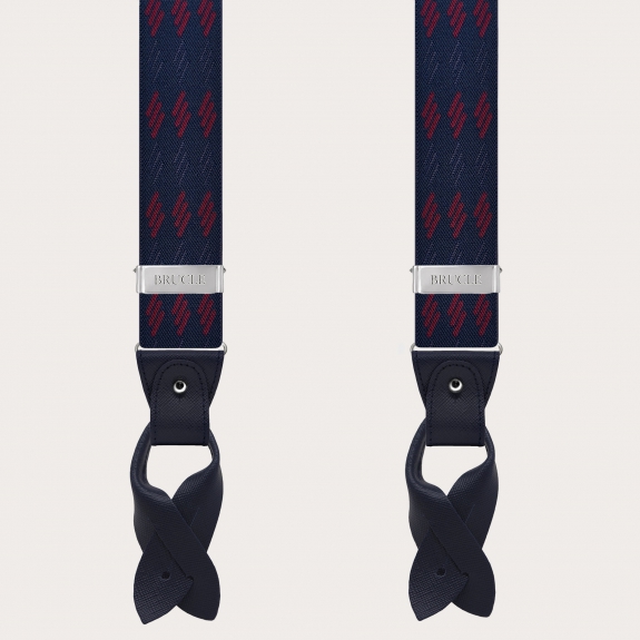 Men's blue suspenders with burgundy stripes for buttons or nickel-free clips