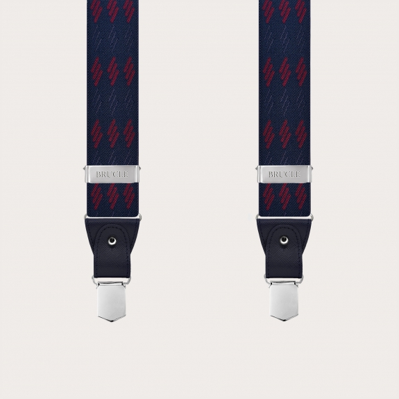 Men's blue suspenders with burgundy stripes for buttons or nickel-free clips