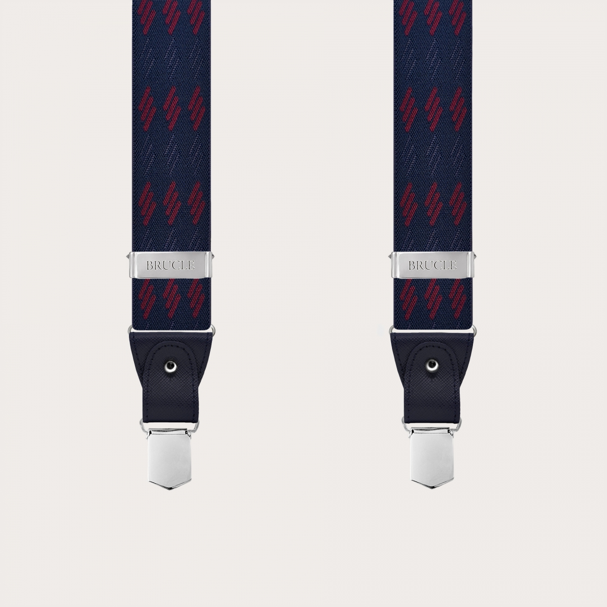 Men's blue suspenders with burgundy stripes for buttons or nickel-free clips