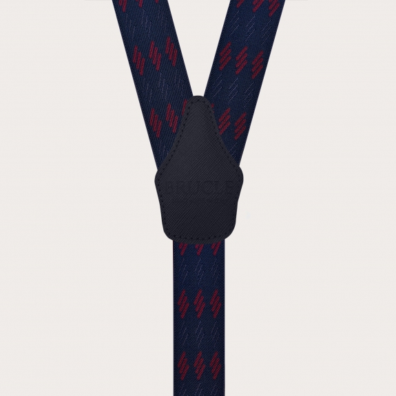 Wide blue suspenders with Bordeaux striped pattern, clip-only