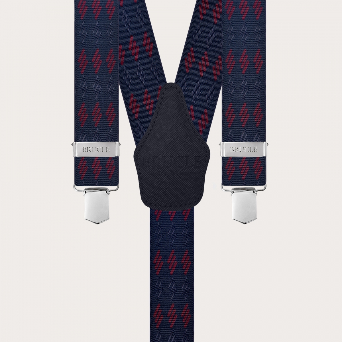 Wide blue suspenders with Bordeaux striped pattern, clip-only