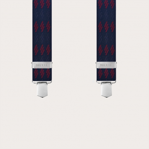 Wide blue suspenders with Bordeaux striped pattern, clip-only