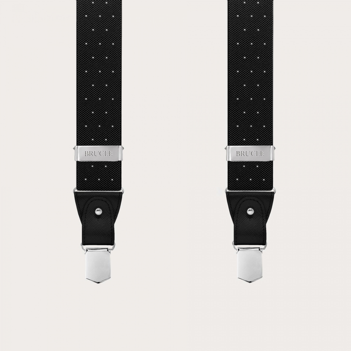 Double-use black polka-dot suspenders with buttons and nickel-free clips