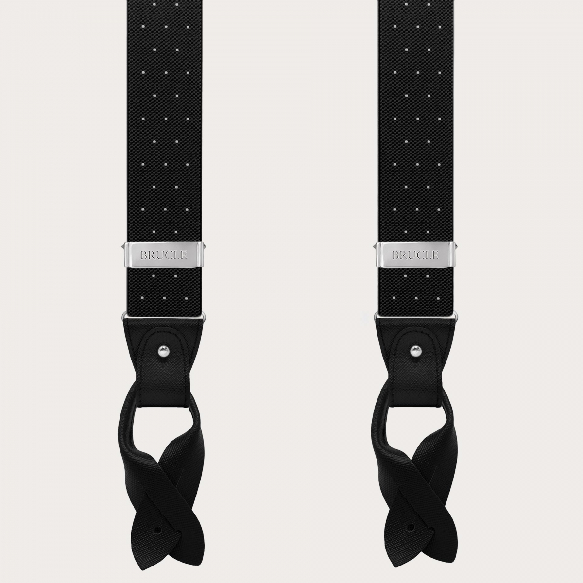 Double-use black polka-dot suspenders with buttons and nickel-free clips