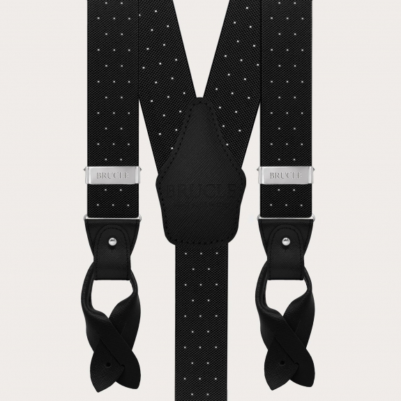 Double-use black polka-dot suspenders with buttons and nickel-free clips