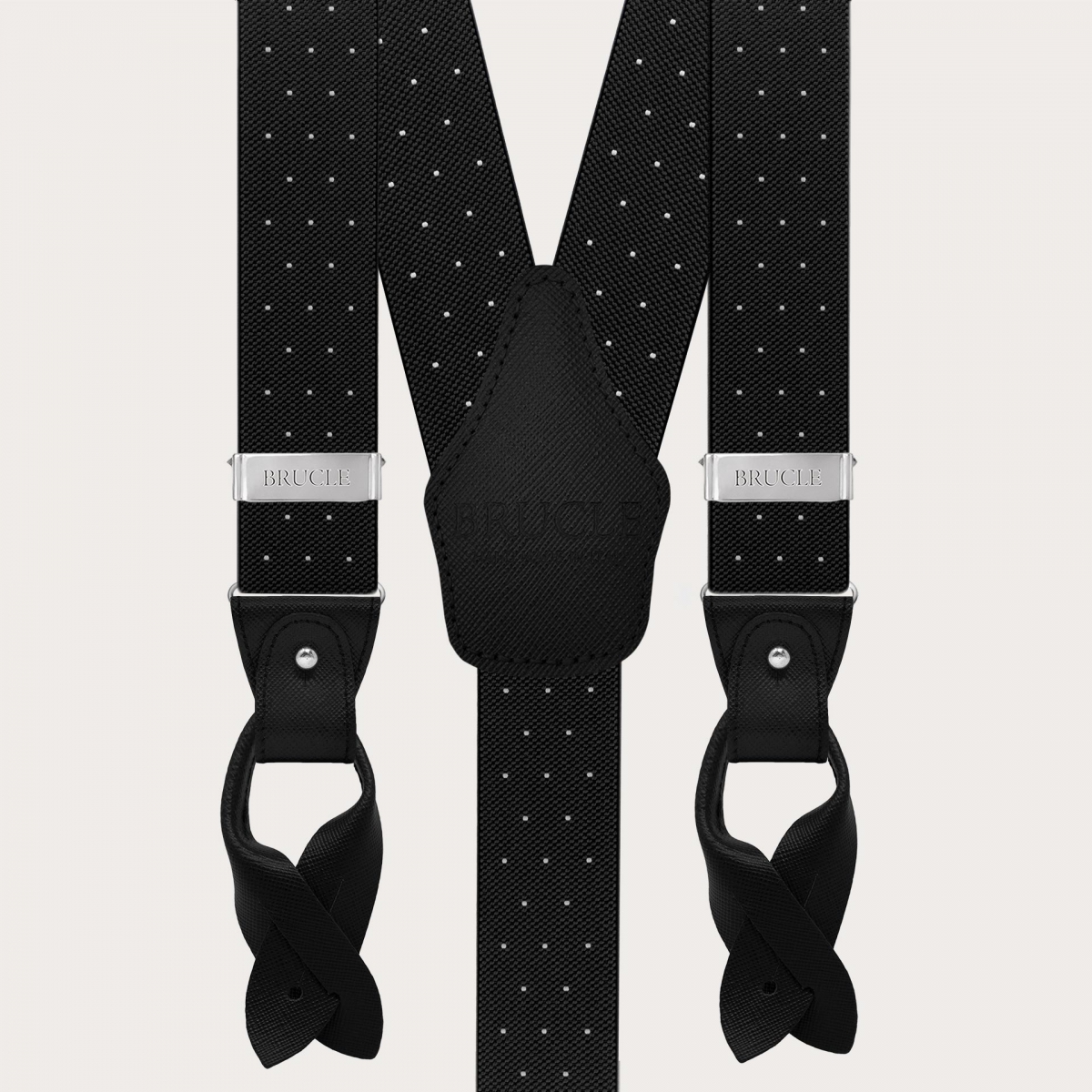 Double-use black polka-dot suspenders with buttons and nickel-free clips
