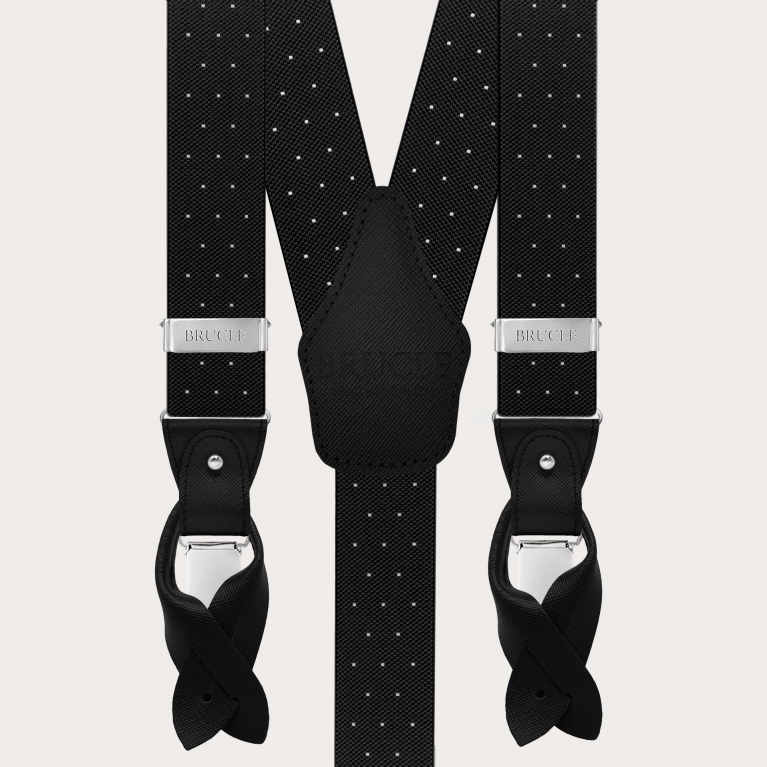 Double-use black polka-dot suspenders with buttons and nickel-free clips
