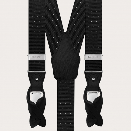 Double-use black polka-dot suspenders with buttons and nickel-free clips