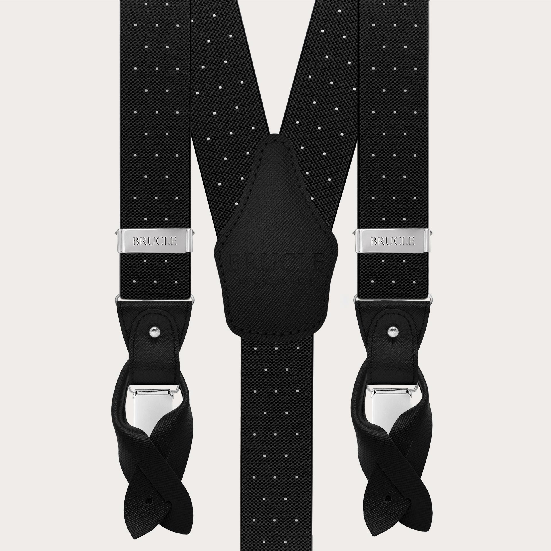 Double-use black polka-dot suspenders with buttons and nickel-free clips
