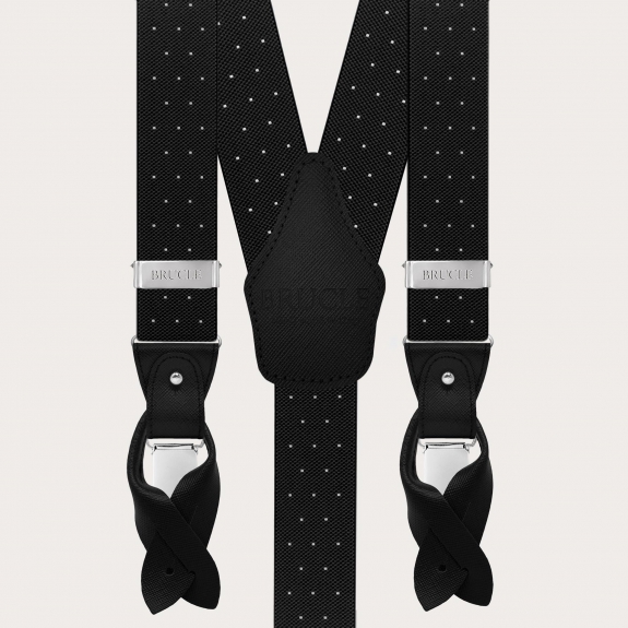 Double-use black polka-dot suspenders with buttons and nickel-free clips