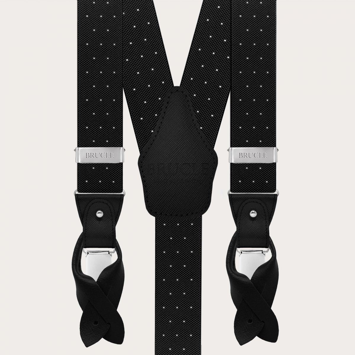Double-use black polka-dot suspenders with buttons and nickel-free clips