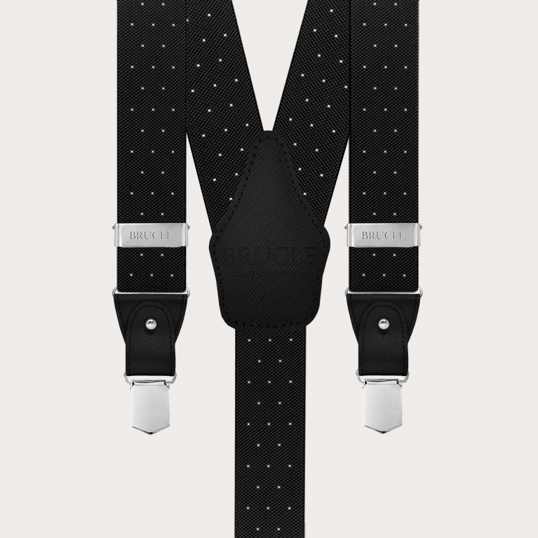 Double-use black polka-dot suspenders with buttons and nickel-free clips