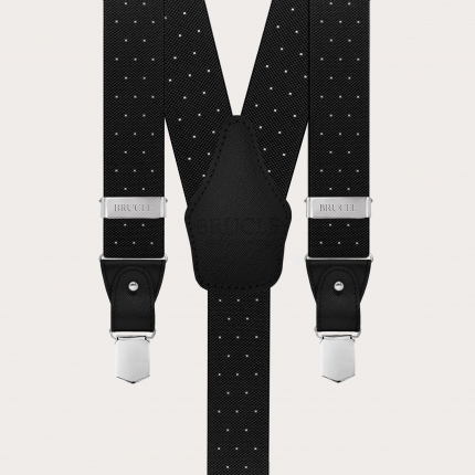 Double-use black polka-dot suspenders with buttons and nickel-free clips