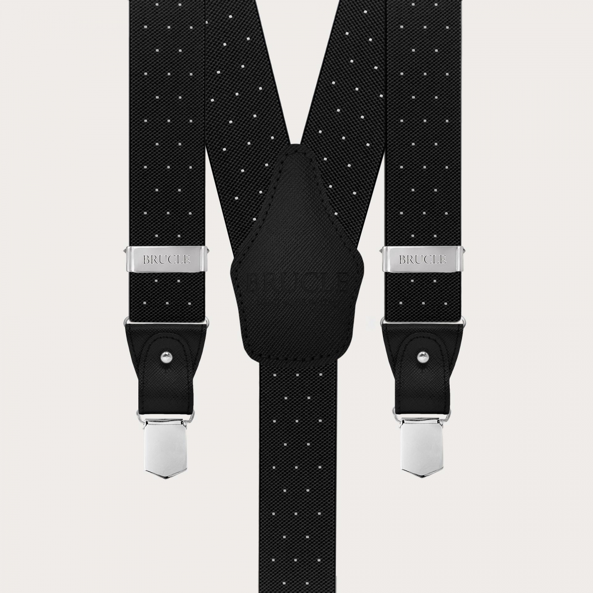Double-use black polka-dot suspenders with buttons and nickel-free clips