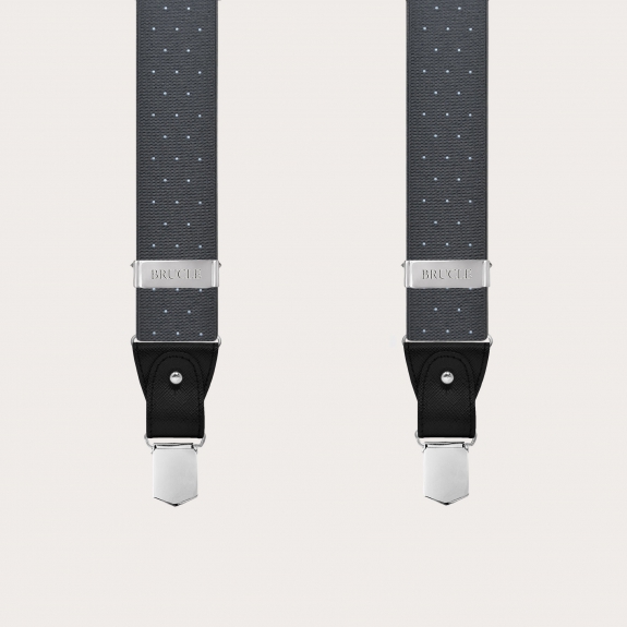 Grey polka-dot suspenders with dual-use buttons and nickel-free clips