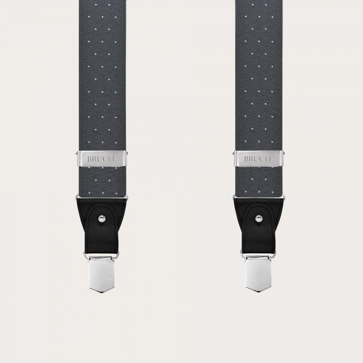 Grey polka-dot suspenders with dual-use buttons and nickel-free clips