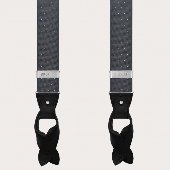 Grey polka-dot suspenders with dual-use buttons and nickel-free clips