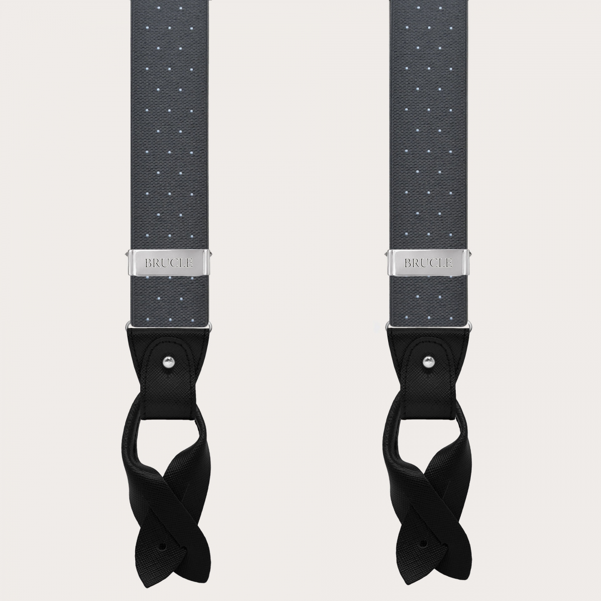 Grey polka-dot suspenders with dual-use buttons and nickel-free clips