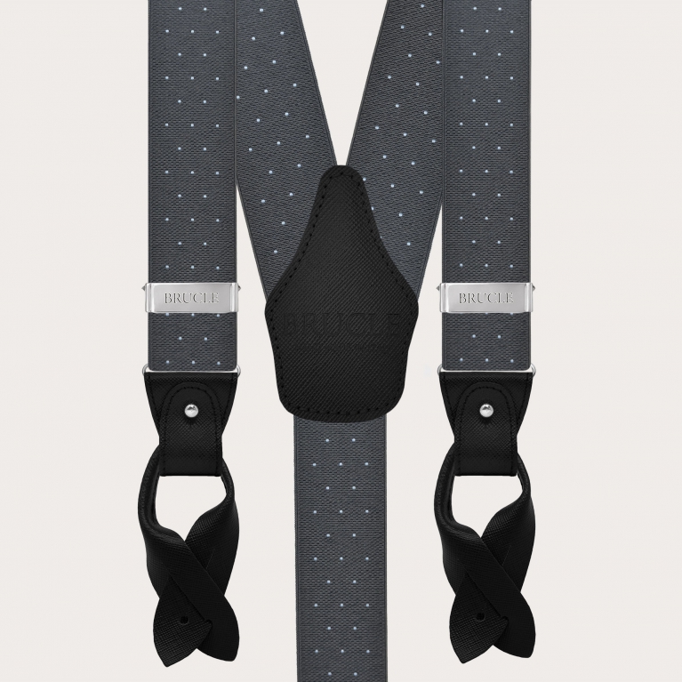 Grey polka-dot suspenders with dual-use buttons and nickel-free clips