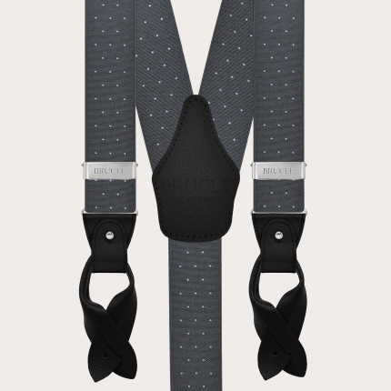 Grey polka-dot suspenders with dual-use buttons and nickel-free clips