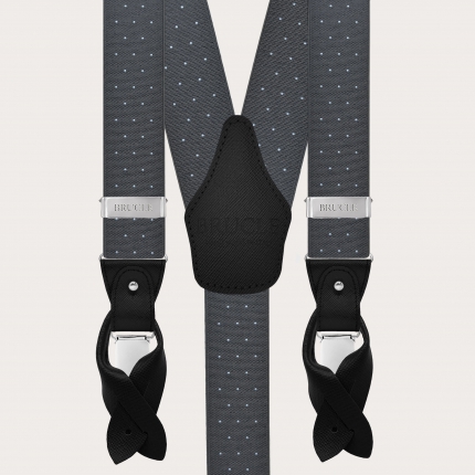 Grey polka-dot suspenders with dual-use buttons and nickel-free clips