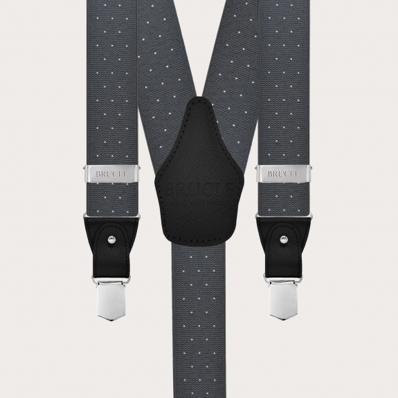 Grey polka-dot suspenders with dual-use buttons and nickel-free clips