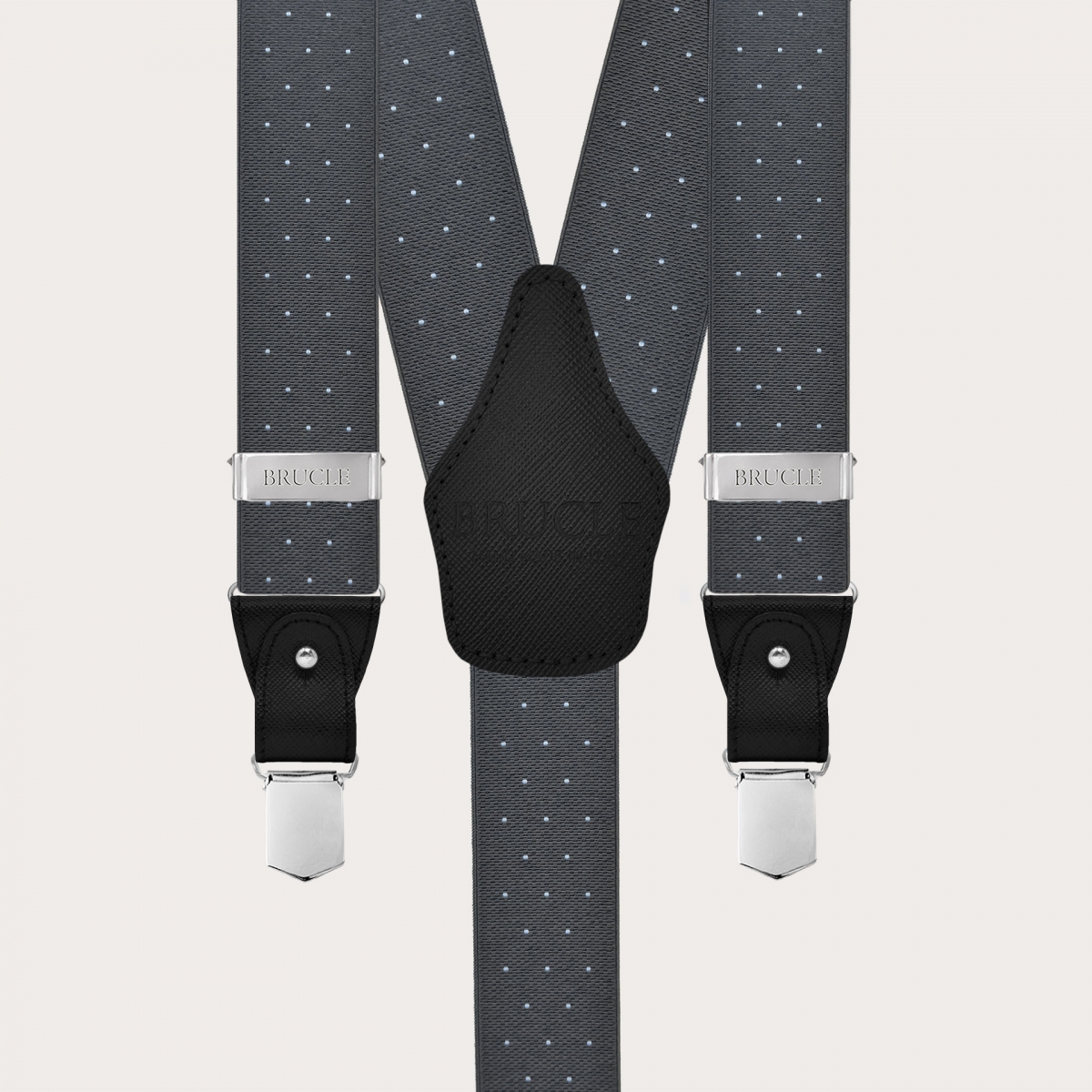 Grey polka-dot suspenders with dual-use buttons and nickel-free clips