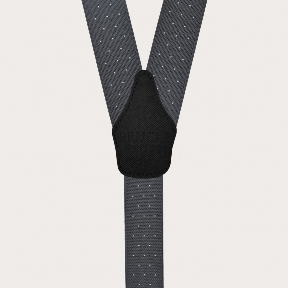 Grey polka-dot suspenders with dual-use buttons and nickel-free clips
