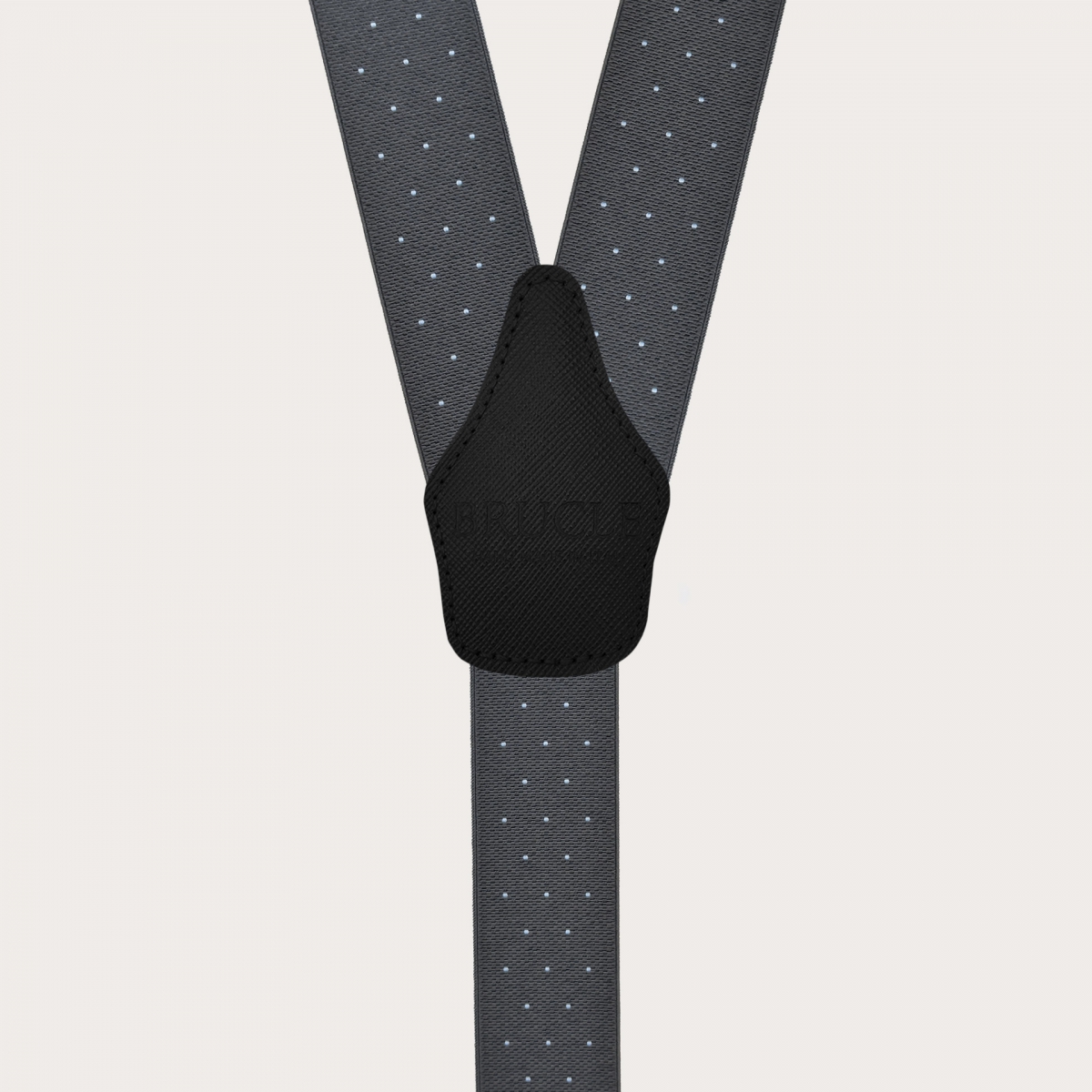 Grey polka-dot suspenders with dual-use buttons and nickel-free clips