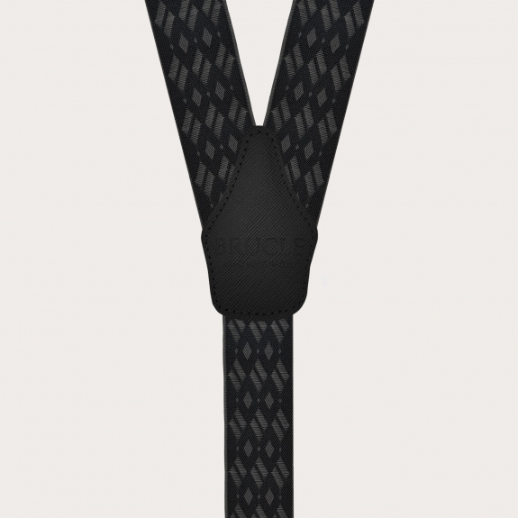 Elegant black and grey diamond-patterned suspenders for buttons or nickel-free clips