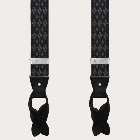 Elegant black and grey diamond-patterned suspenders for buttons or nickel-free clips