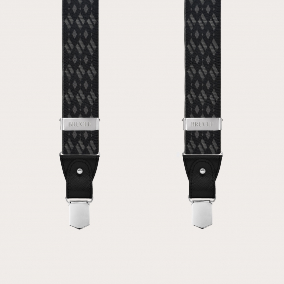 Elegant black and grey diamond-patterned suspenders for buttons or nickel-free clips